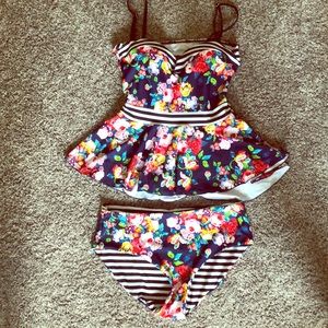 Brand new peplum tankini!! Floral/ striped.
